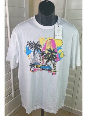 Robert Graham Tropical City Graphic 100% Cotton White T-Shirt, Men’s M - NWT $98